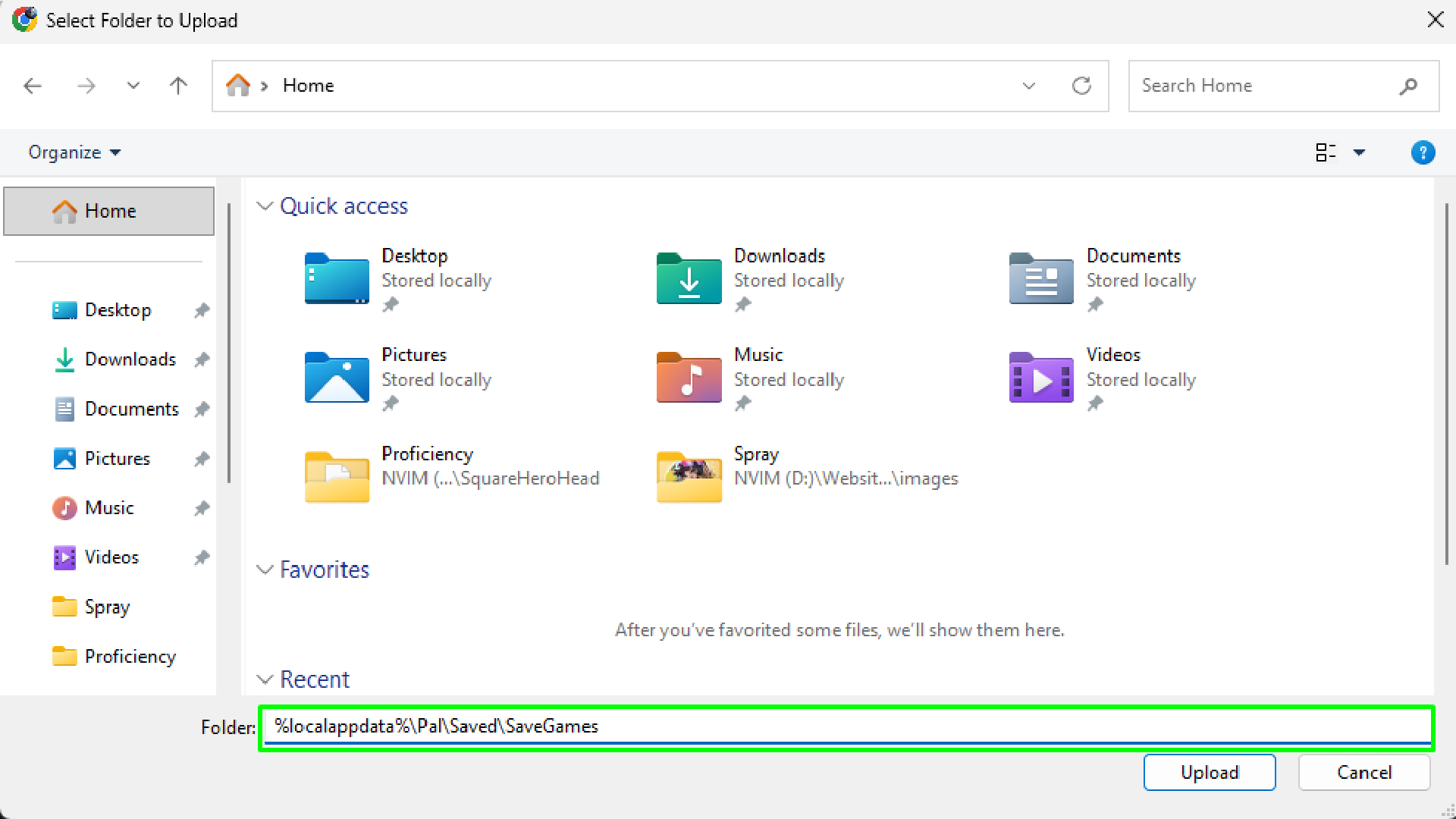 The Windows folder picker with the save folder path pasted into the highlighted Folder field