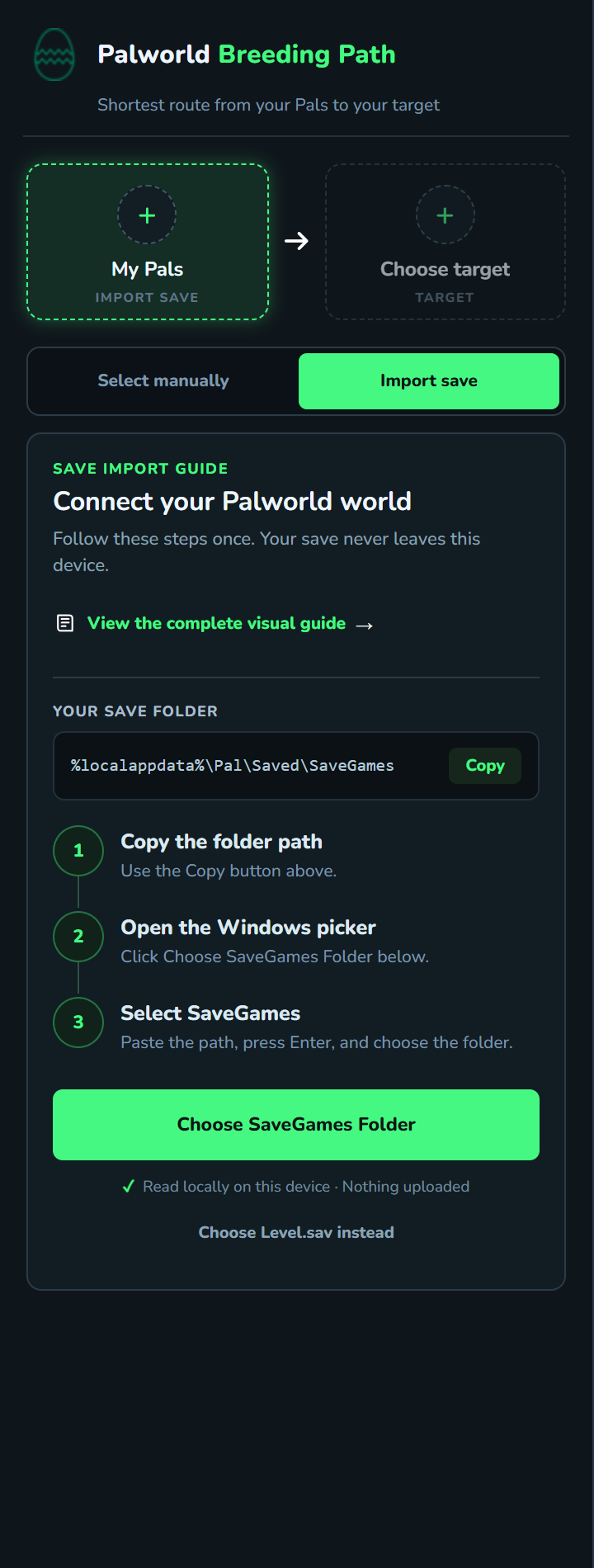 The Breeding Path import panel with the save folder path and the Choose SaveGames Folder button