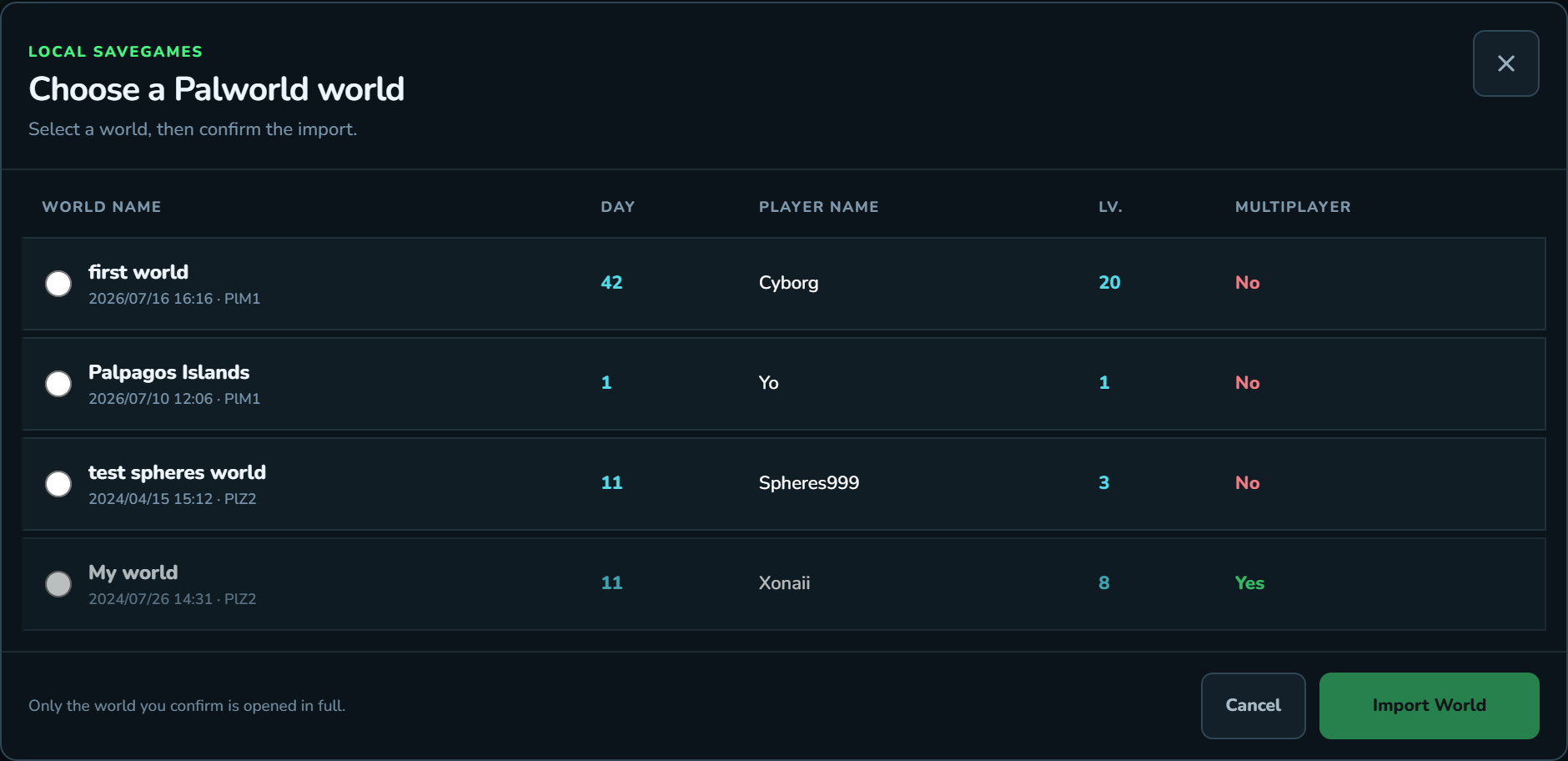 The world picker listing Palworld worlds with day, player name, and level columns