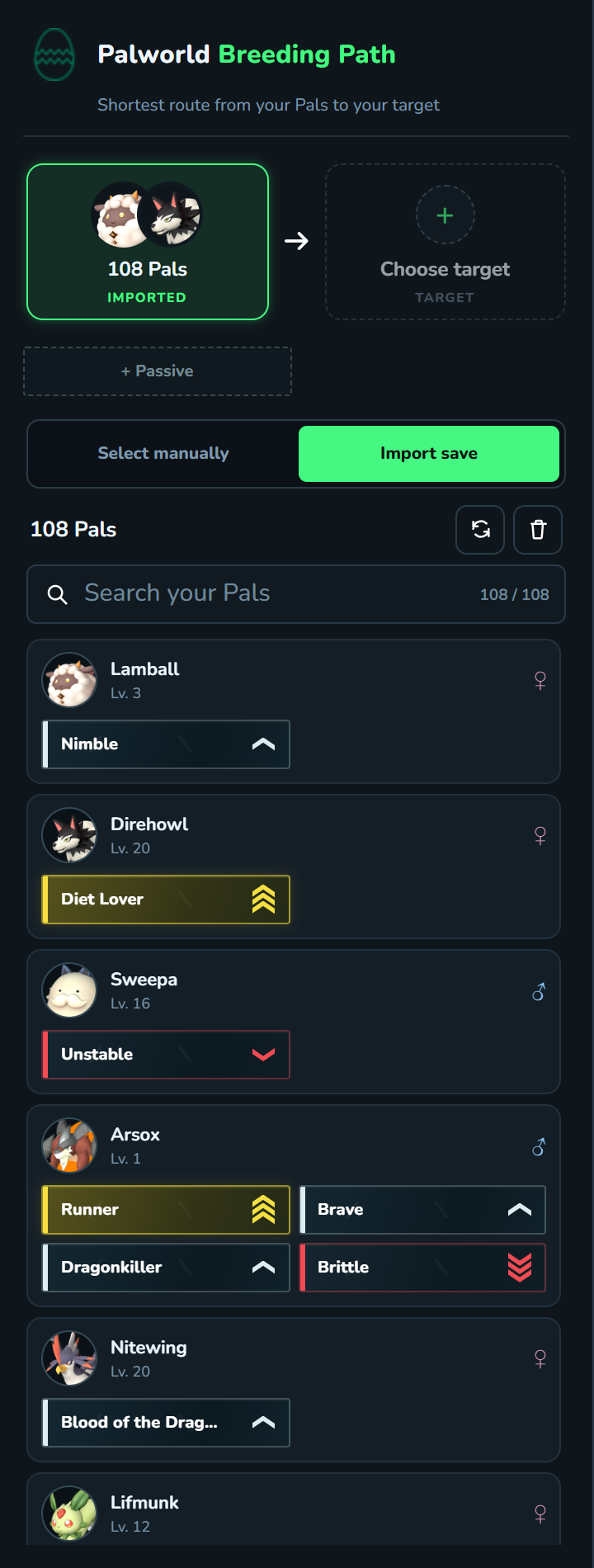 The imported Pal roster in the sidebar showing each Pal's sex, level, and passive skills