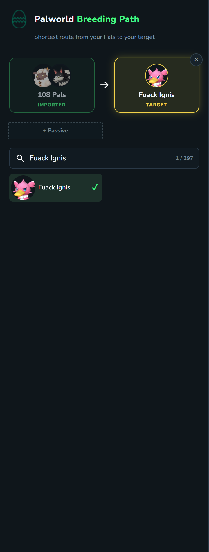 Selecting Fuack Ignis as the target Pal in the Breeding Path sidebar