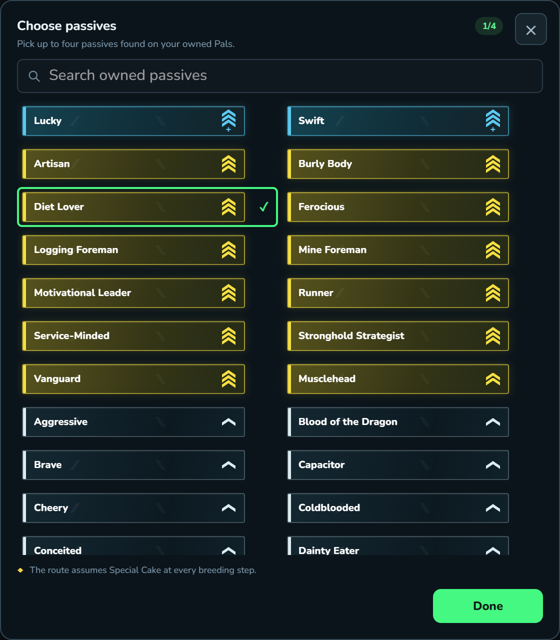 The passive picker modal with Diet Lover selected from the owned passives
